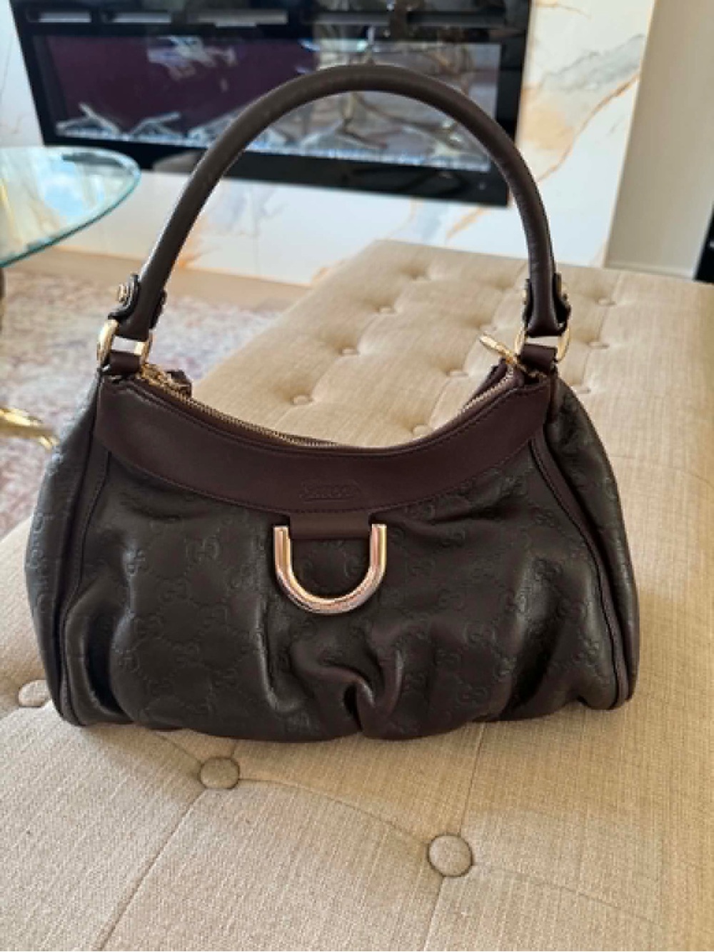 Gucci Brown Monogram Leather Shoulder Bag with Gold Hardware